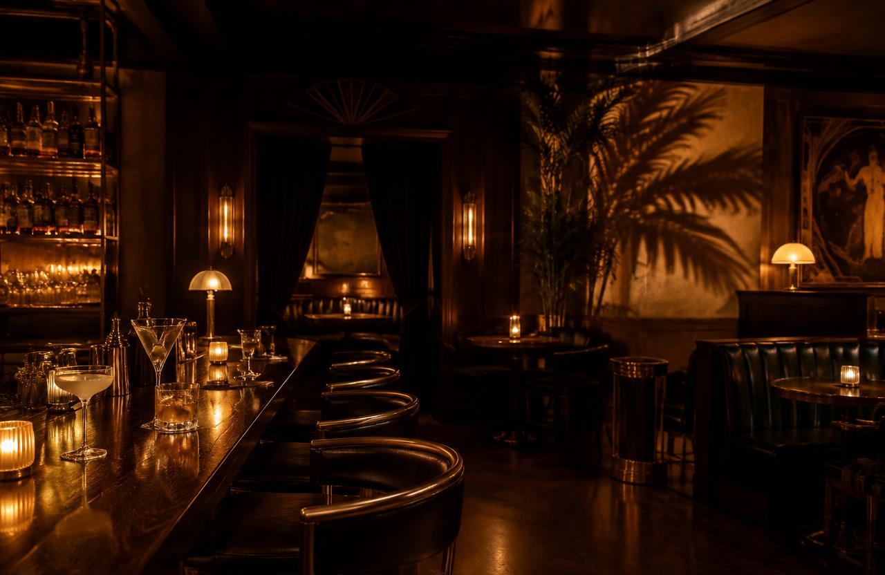 Amber-lit 1920s speakeasy bar